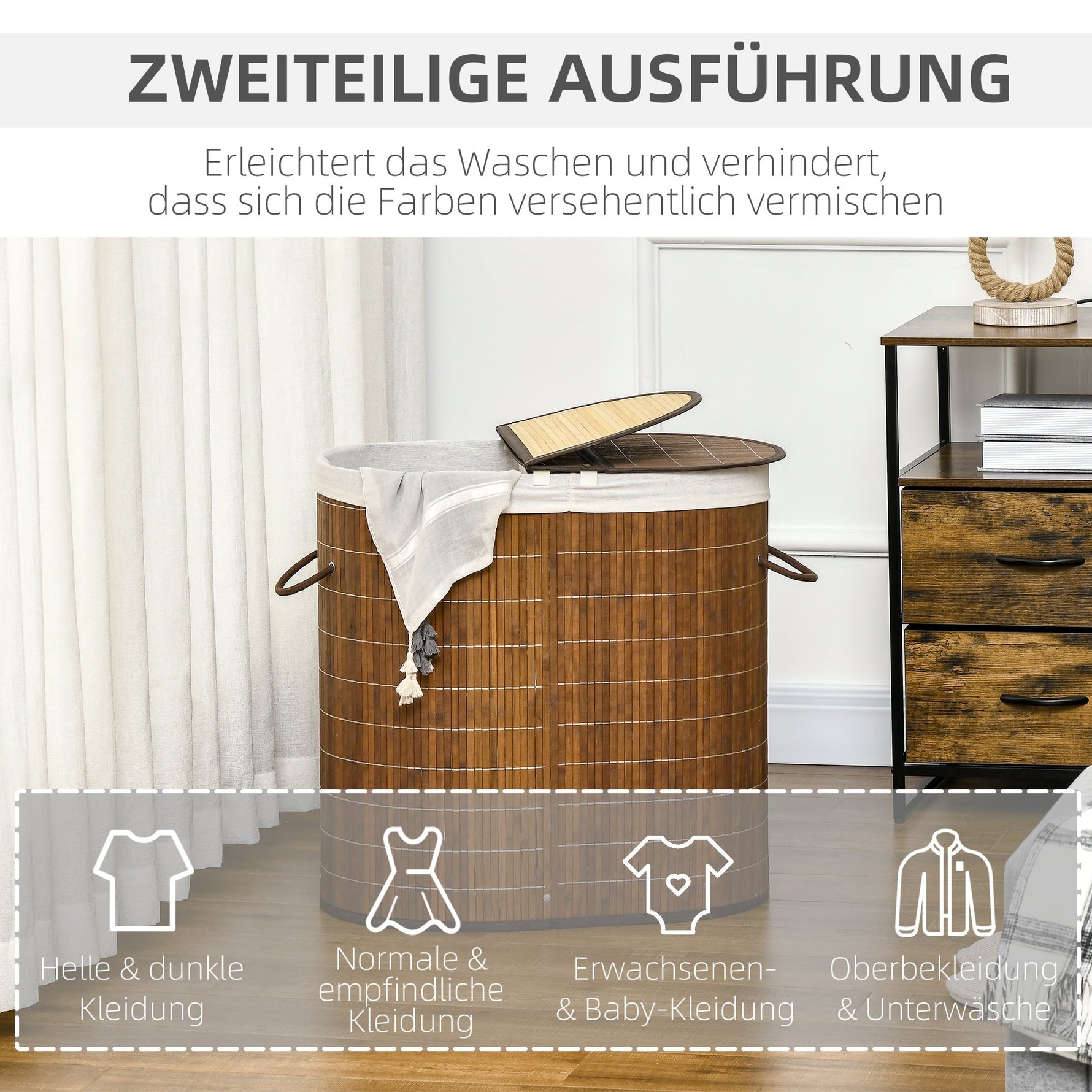 Laundry Basket, 100L with Lid, 2 Bags, Bamboo