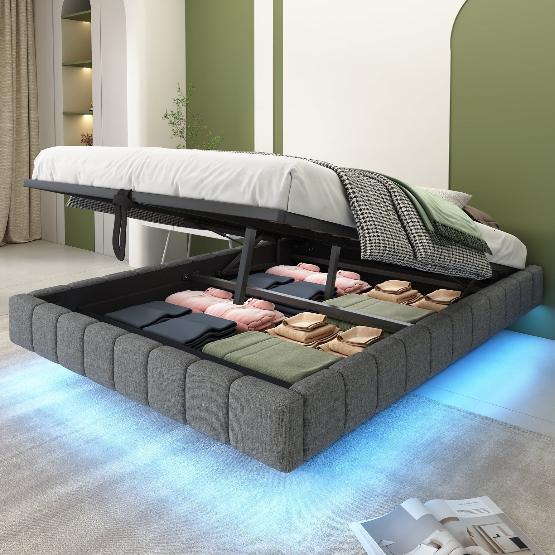 Upholstered Bed 140x200cm Floating Frame Storage LED Light Linen Grey