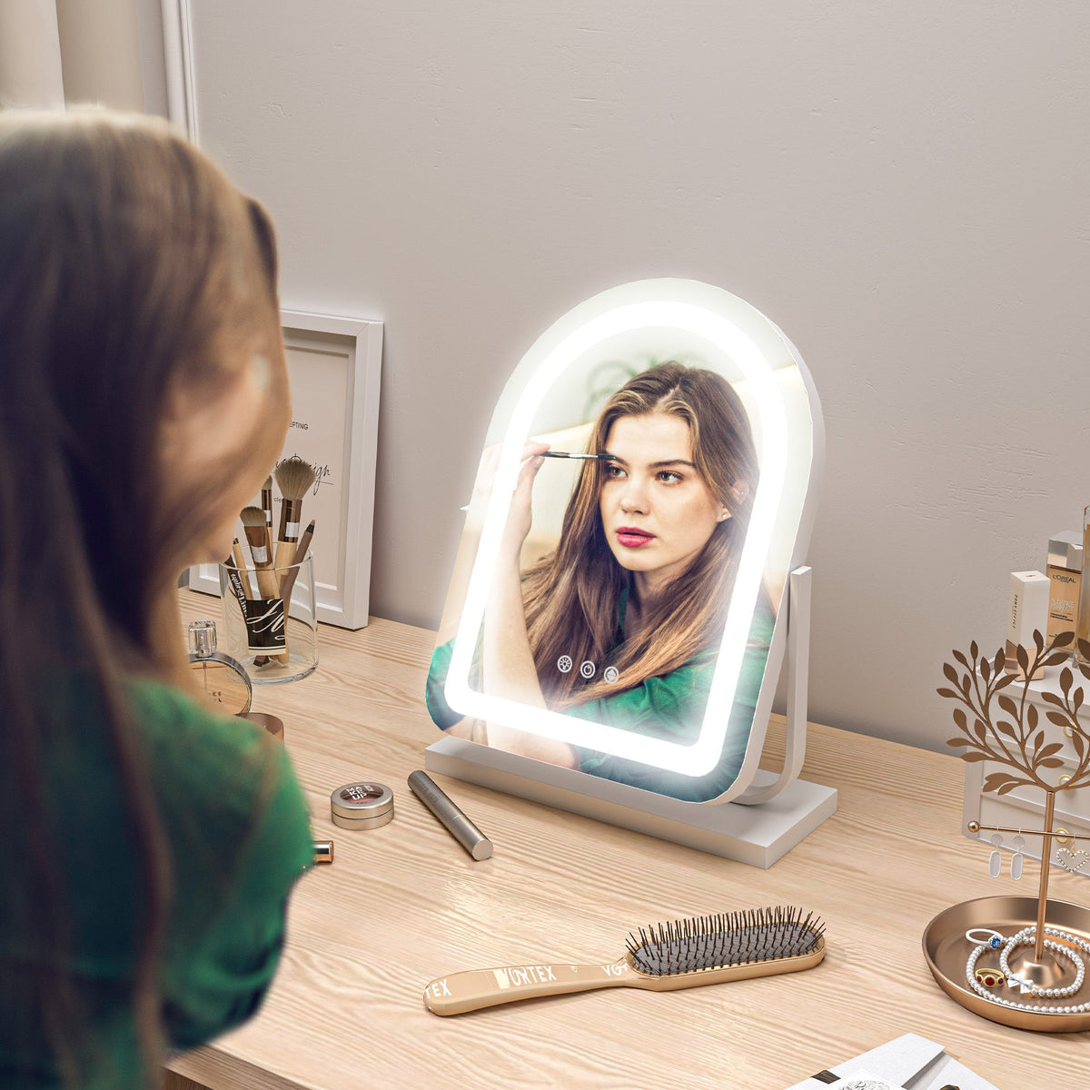 Cosmetic Mirror, LED Light 3 Colors 360° Rotatable, White Metal Frame