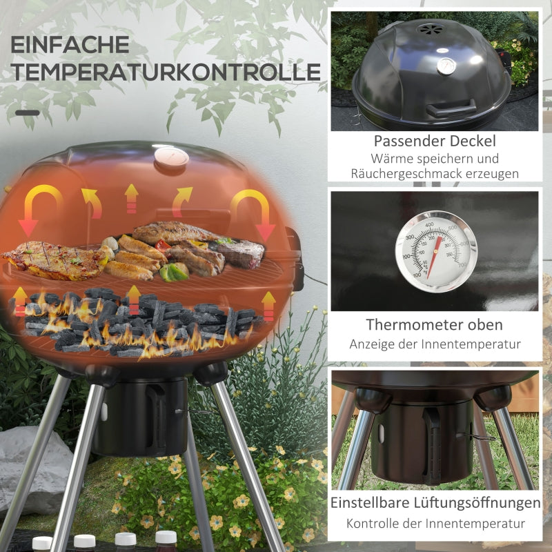 Charcoal Grill BBQ Camping with Grate, Wheels, Storage, Thermometer, Metal