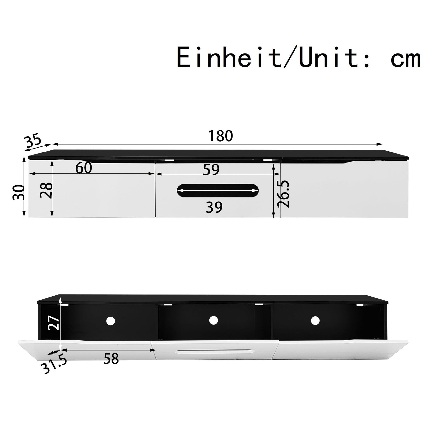 TV Cabinet 180cm LED Lighting Wall-Mountable High-Gloss Black/White