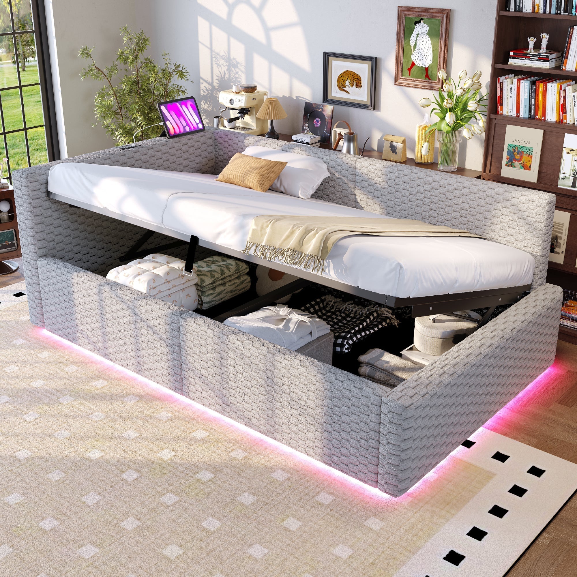 Upholstered Bed with LED, USB, Type-C and Hydraulic Storage, 90x200cm, Grey Velvet