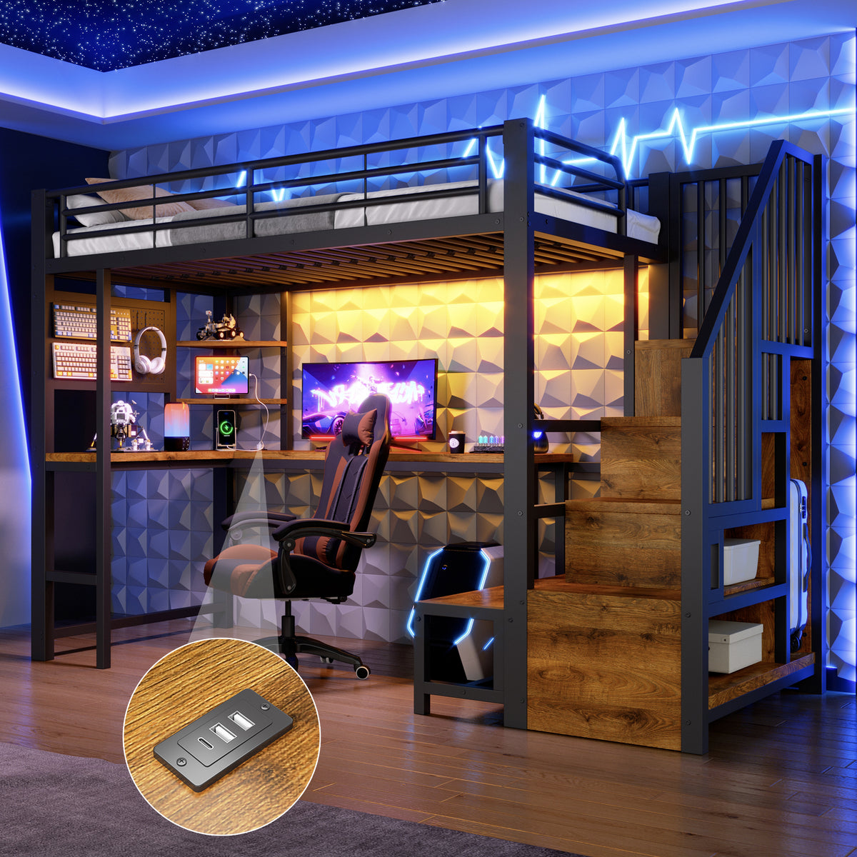 Loft Bed 90x200cm with Desk, LED Lighting & Storage, Black