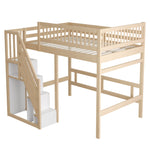 Solid Wood Bed, 140x200 with Storage Stairs & High Railing, Wood Color