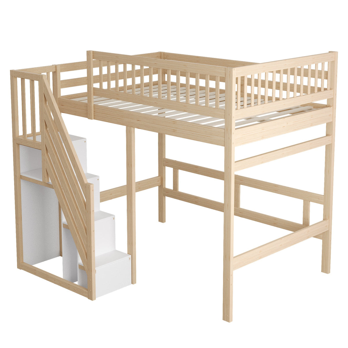 Solid Wood Bed, 140x200 with Storage Stairs & High Railing, Wood Color