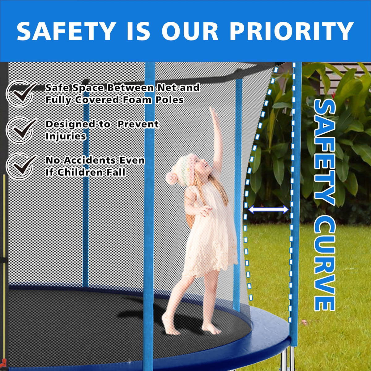 Trampoline 8-12FT Adjustable, Safety Enclosure Net & Spring Pad, Heavy-Duty Galvanized Steel Frame, 400lbs Capacity, Blue