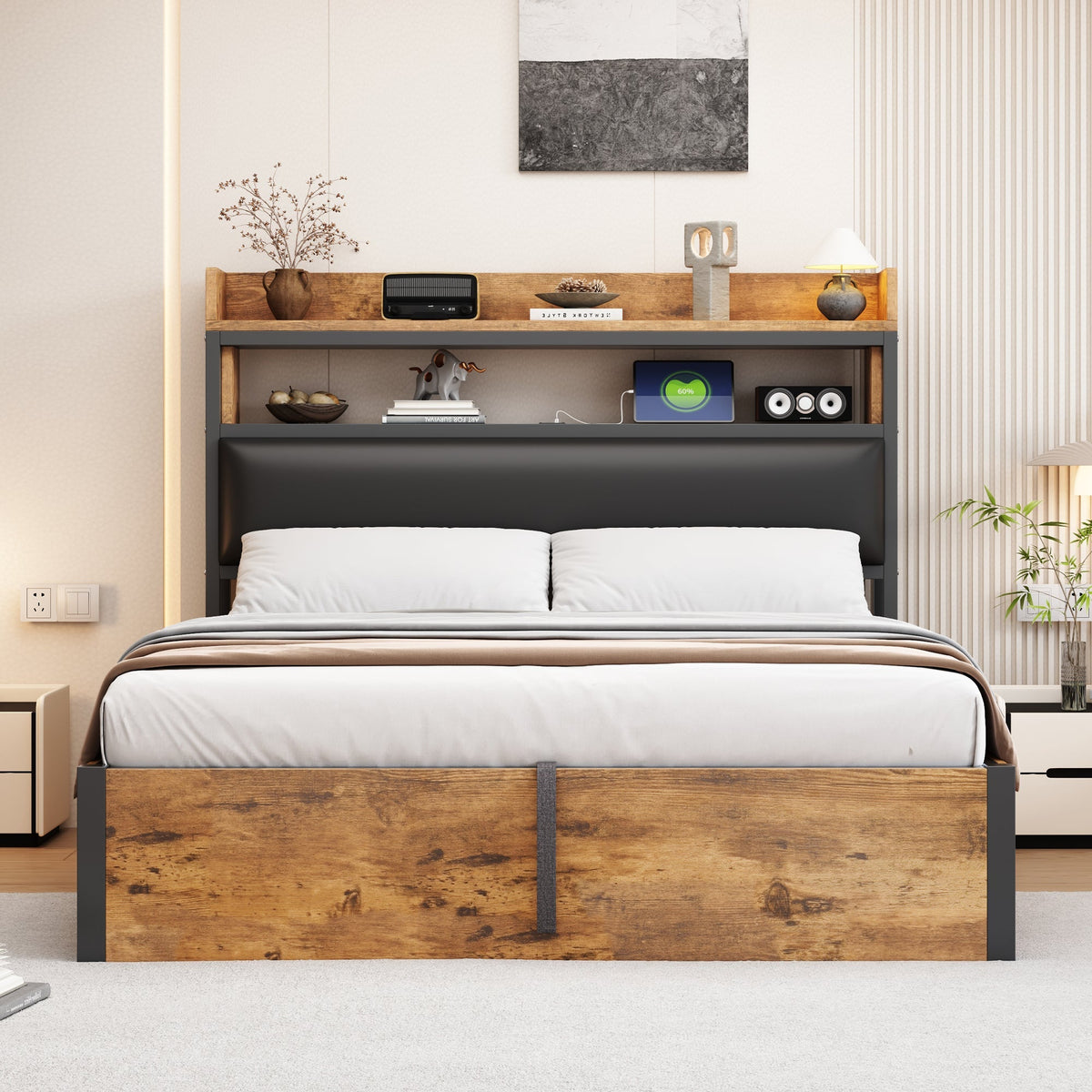 Bed Frame, 140x200, Hydraulic Lift, USB, Upholstered Headboard, Hidden Storage, Wood and Metal, Black