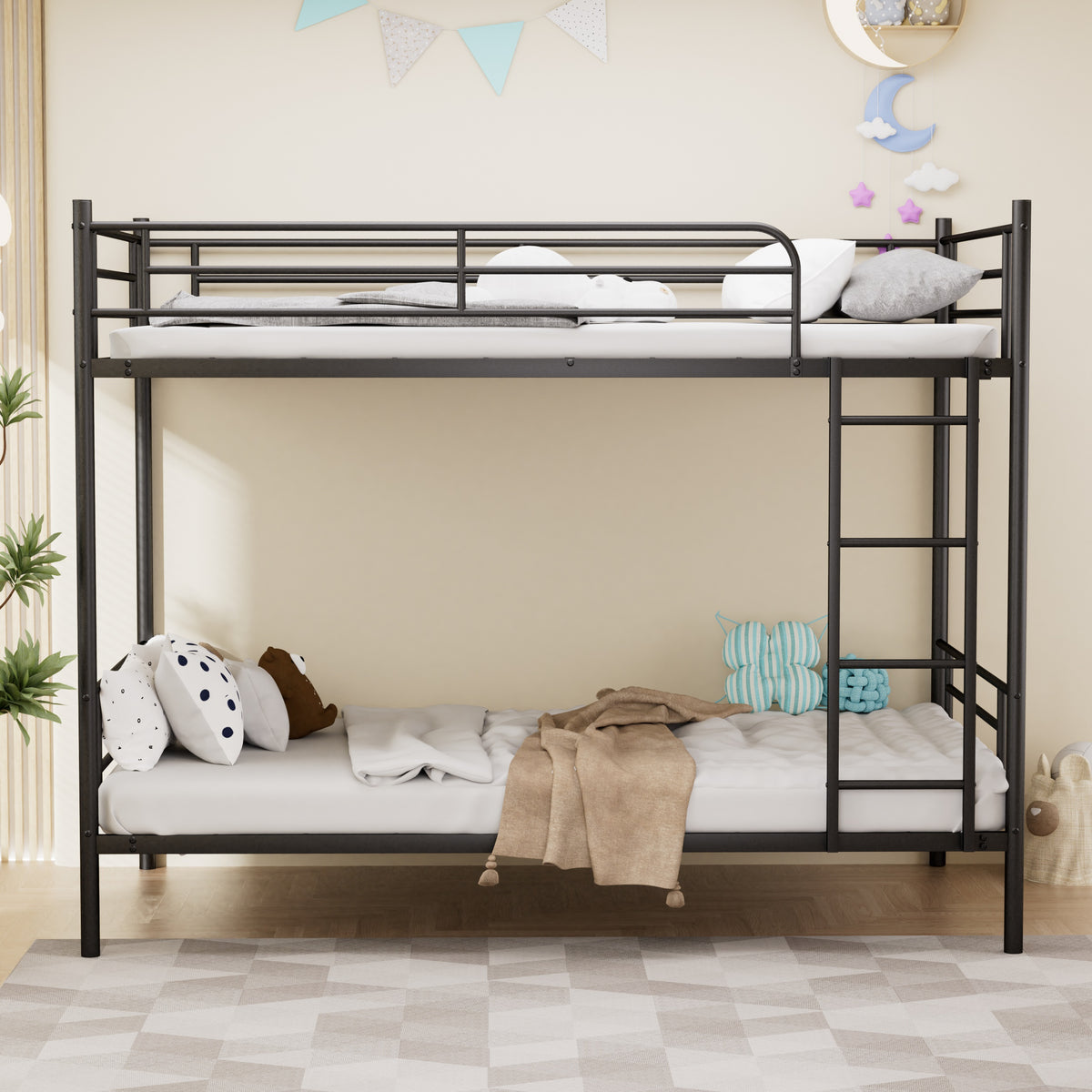 Bunk Bed 90x190cm Loft Bed with Ladder & Railing - Black Iron