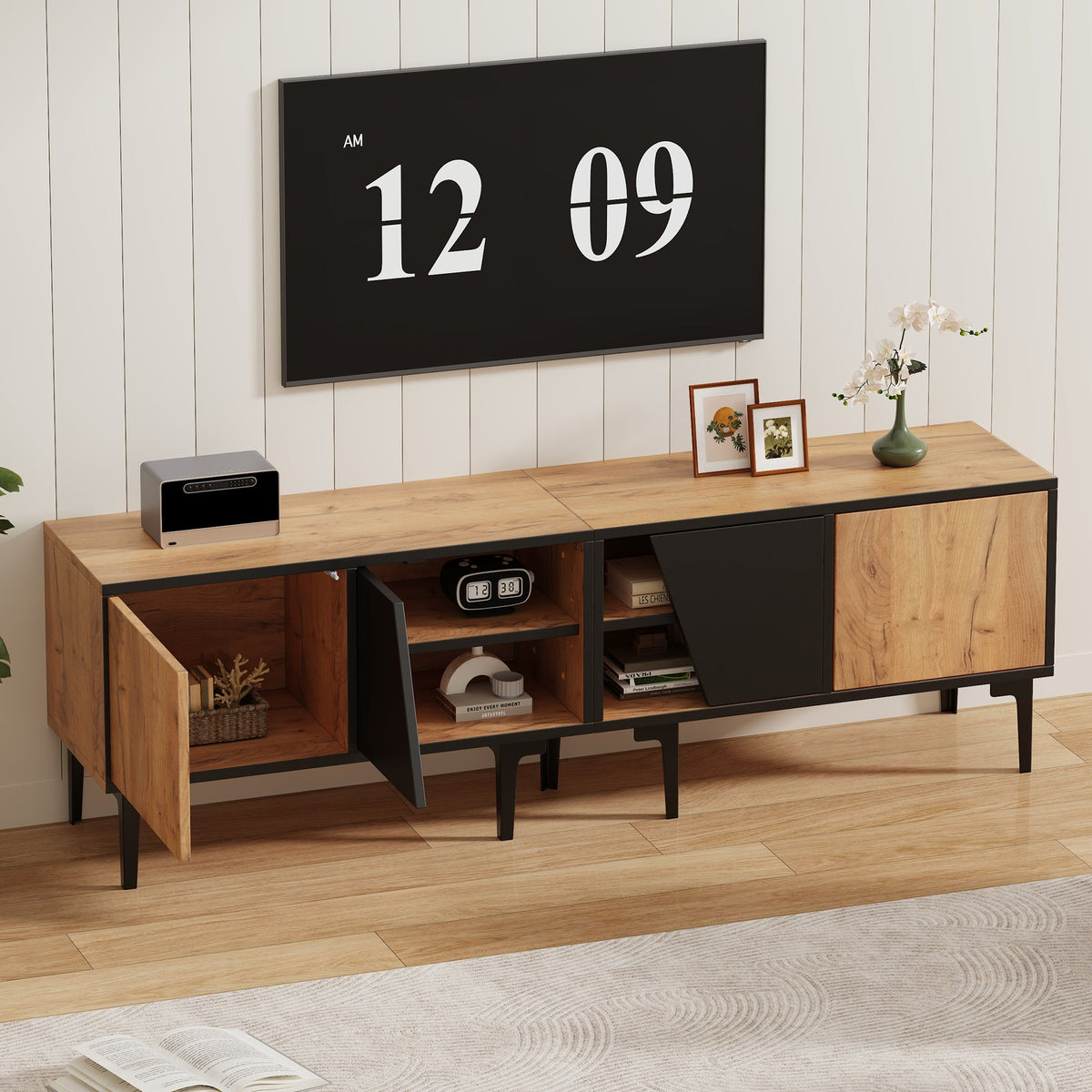 TV Cabinet Lowboard 160cm 4 Compartments Minimalist for 65 Inch TV - Natural Wood Color