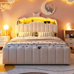 Upholstered Children Bed 140x200 Storage & LED, Beige Velvet