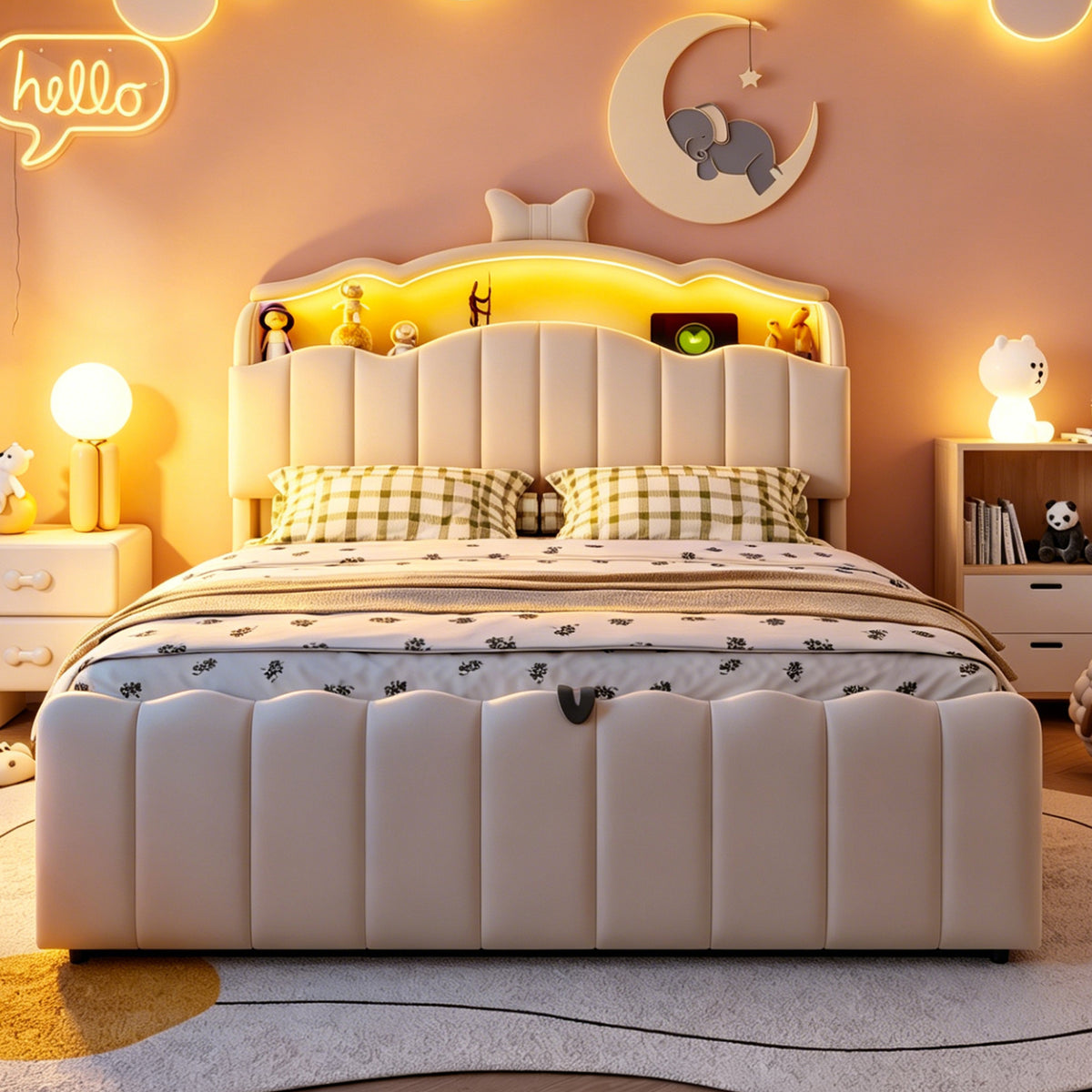 Upholstered Children Bed 140x200 Storage & LED, Beige Velvet