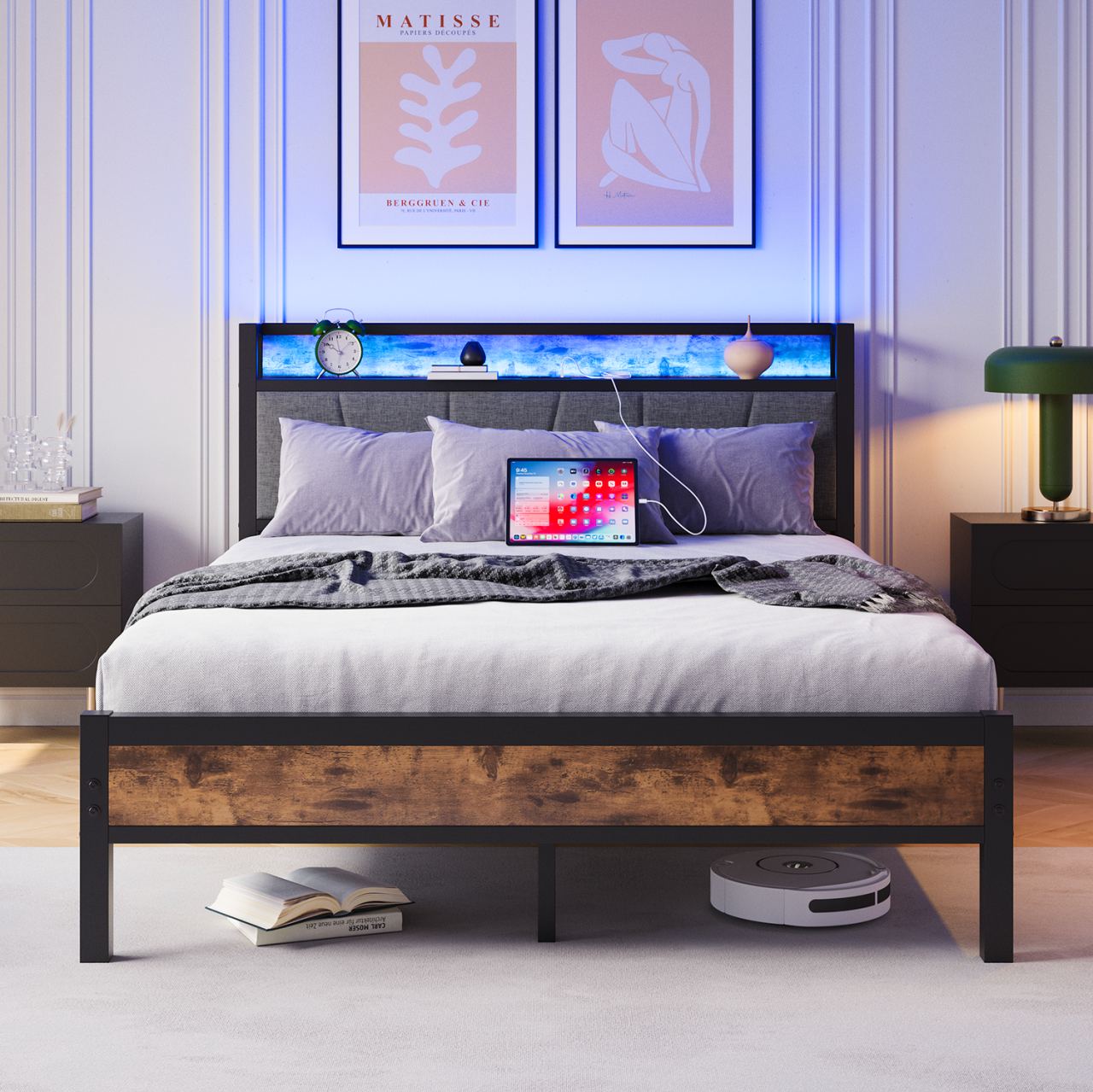 Bed Frame 140x200cm Smart LED USB Metal Slatted Noise-Free, Metal