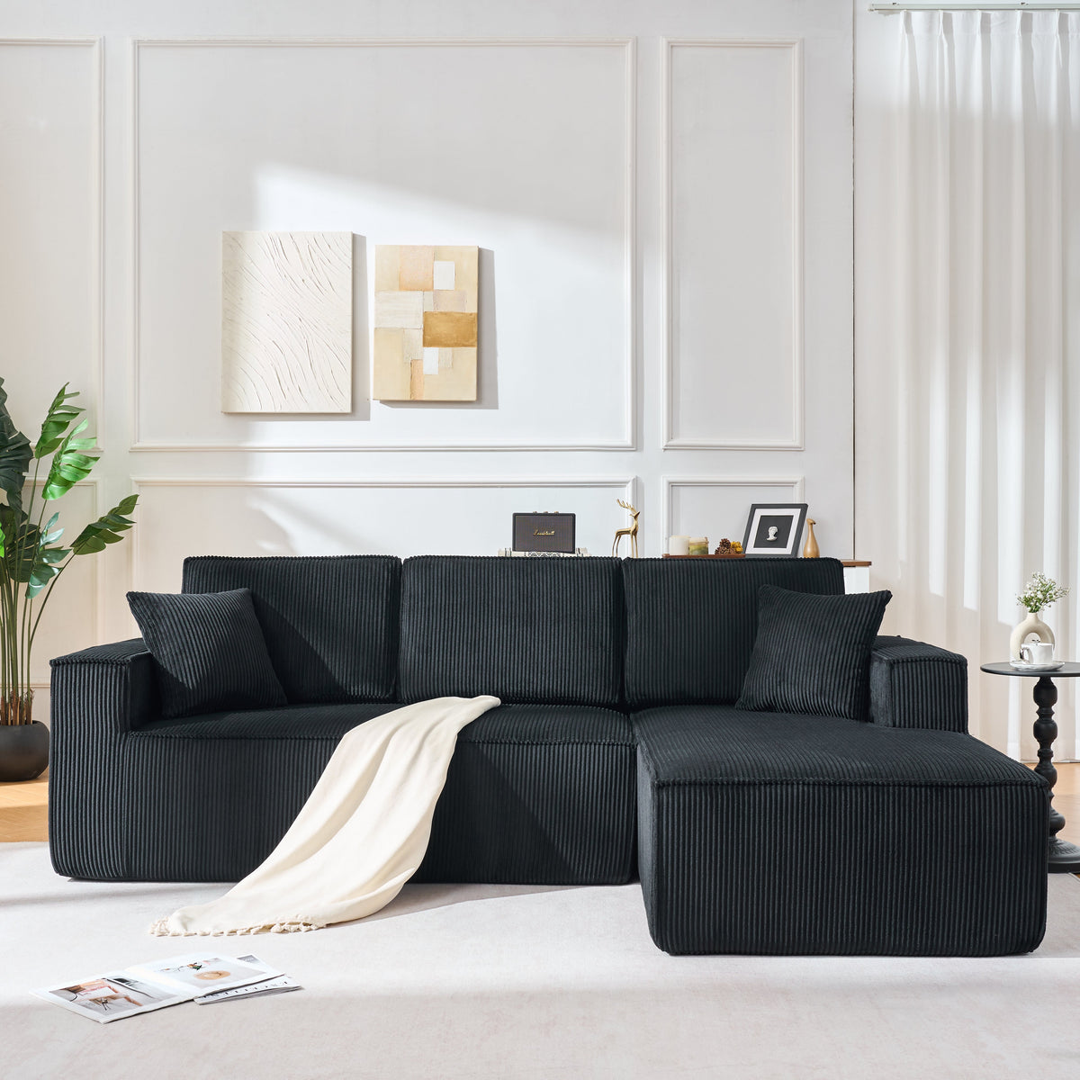 Modular Corner Sofa L-shaped Chaise Lounge High-Density Foam Corduroy Black