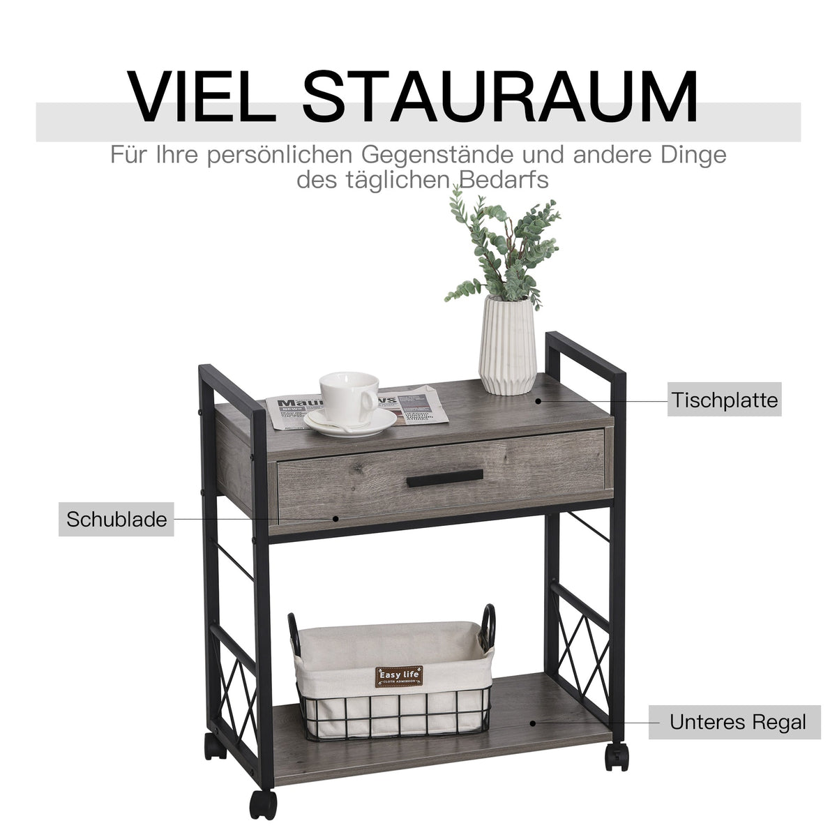 Side Table Serving Cart with Wheels, Drawer Storage, Grey