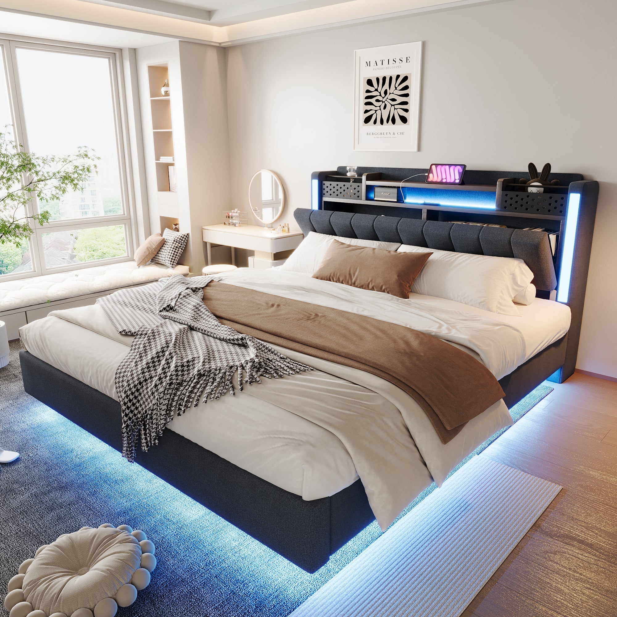 Upholstered Bed, 160*200 LED, USB, Storage Headboard, Grey Linen