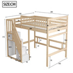 Solid Wood Bed, 140x200 with Storage Stairs & High Railing, Wood Color