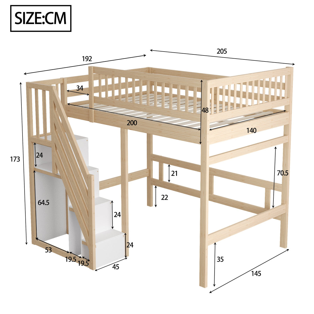 Solid Wood Bed, 140x200 with Storage Stairs & High Railing, Wood Color