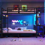 Bunk Bed 90x200 cm with Desk, Storage & LED Light, Black Iron Frame