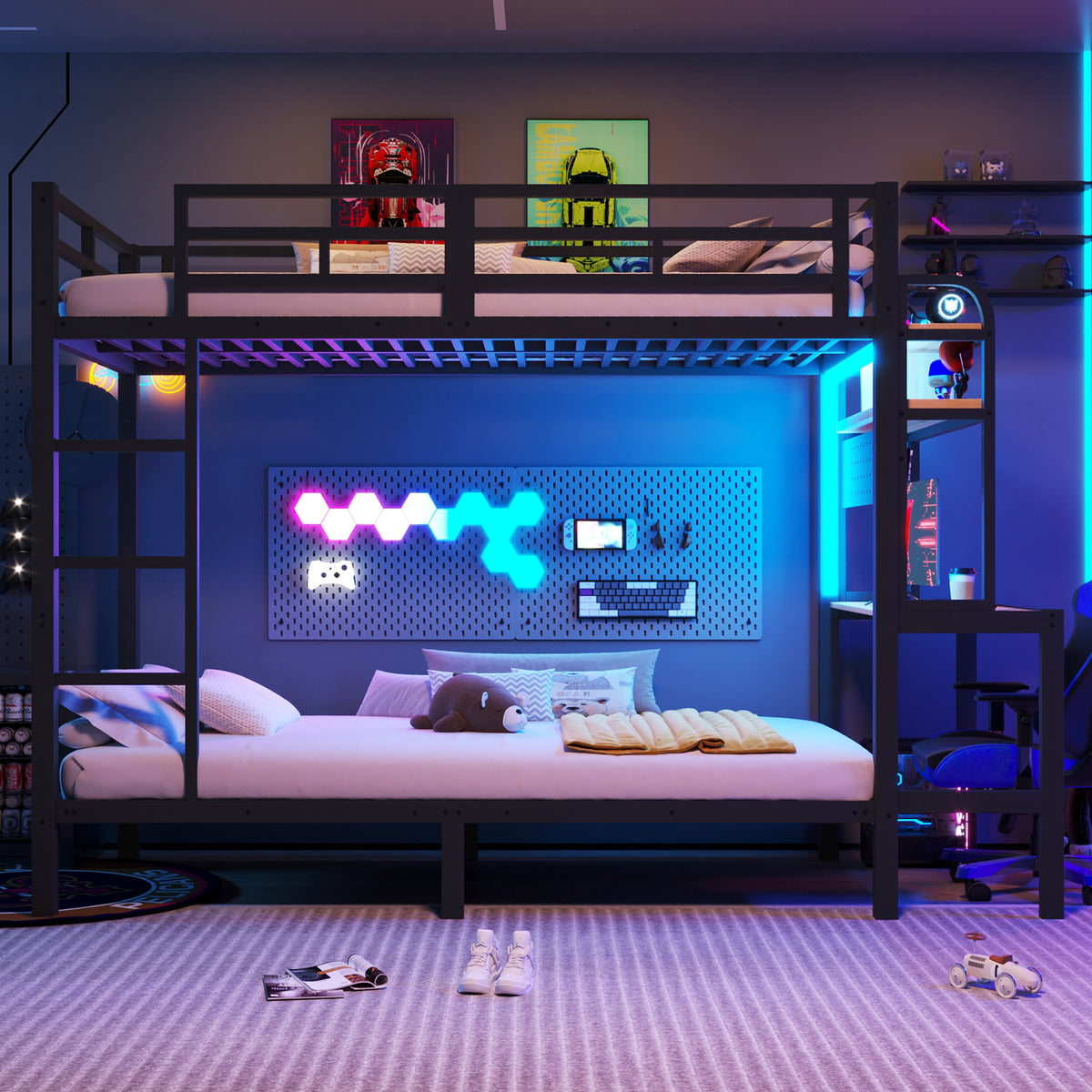 Bunk Bed 90x200 cm with Desk, Storage & LED Light, Black Iron Frame