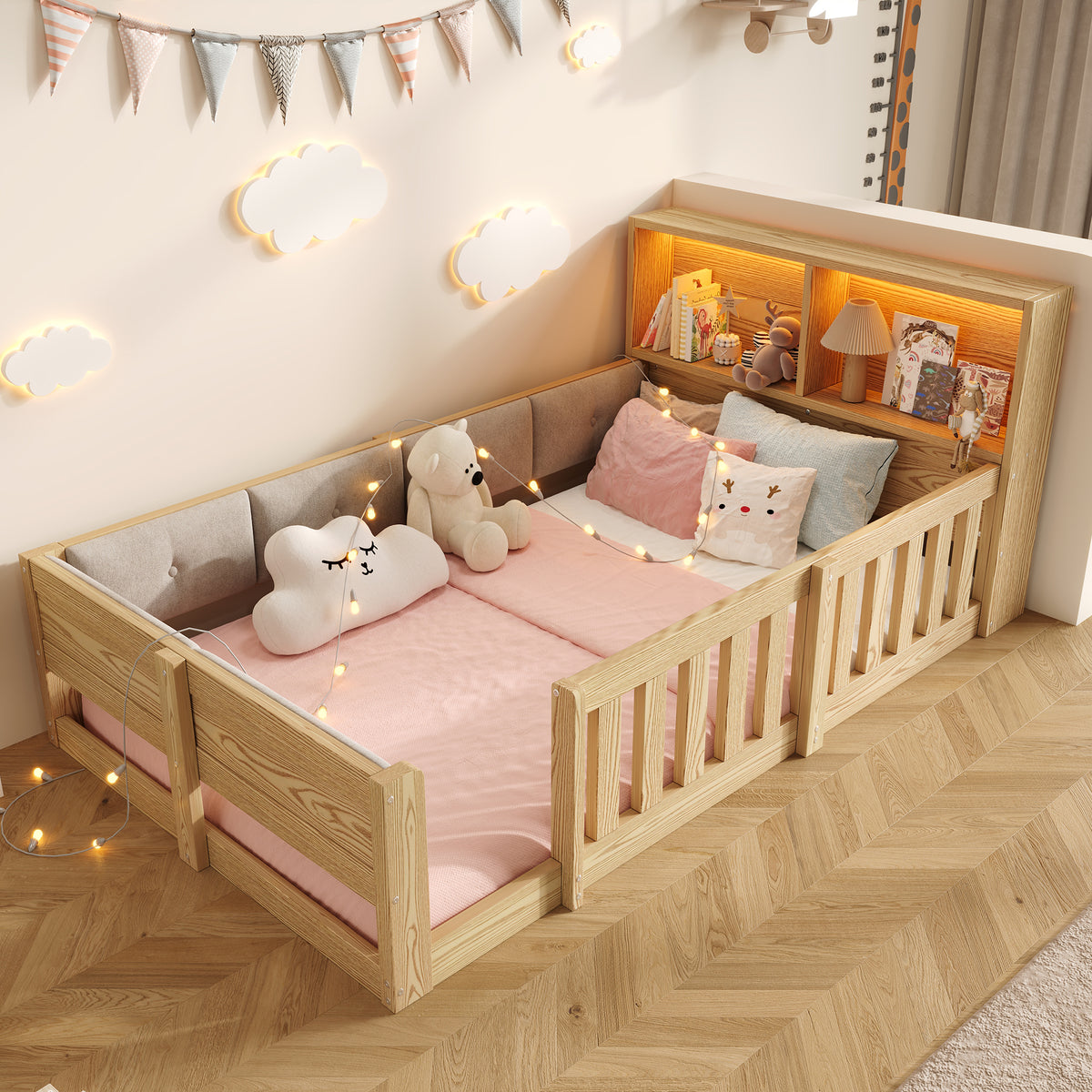 Children's Flatbed 90x200cm with Railings & LED Light, Natural