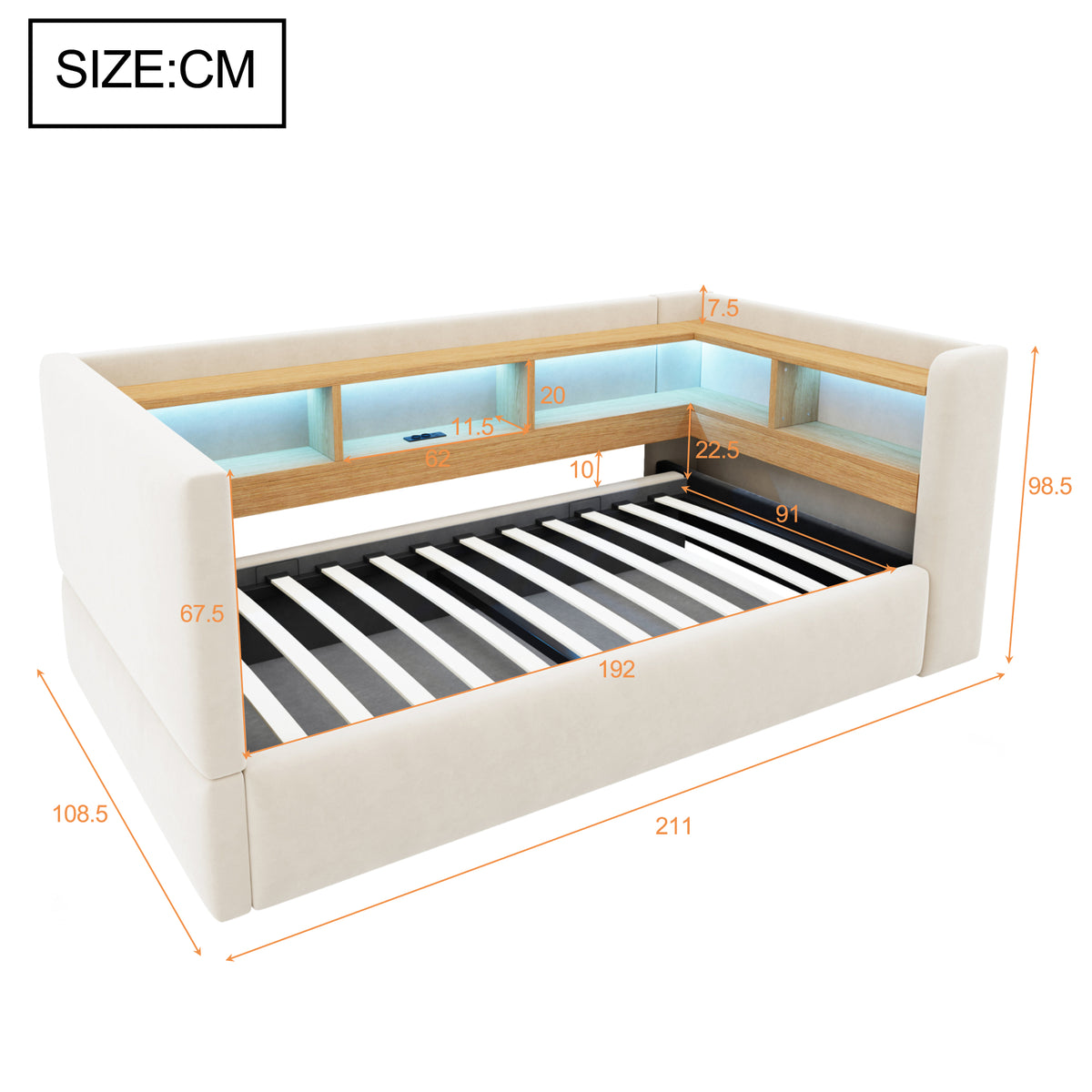 Upholstered Sleeper Sofa 90x190cm with Storage & LED, Beige