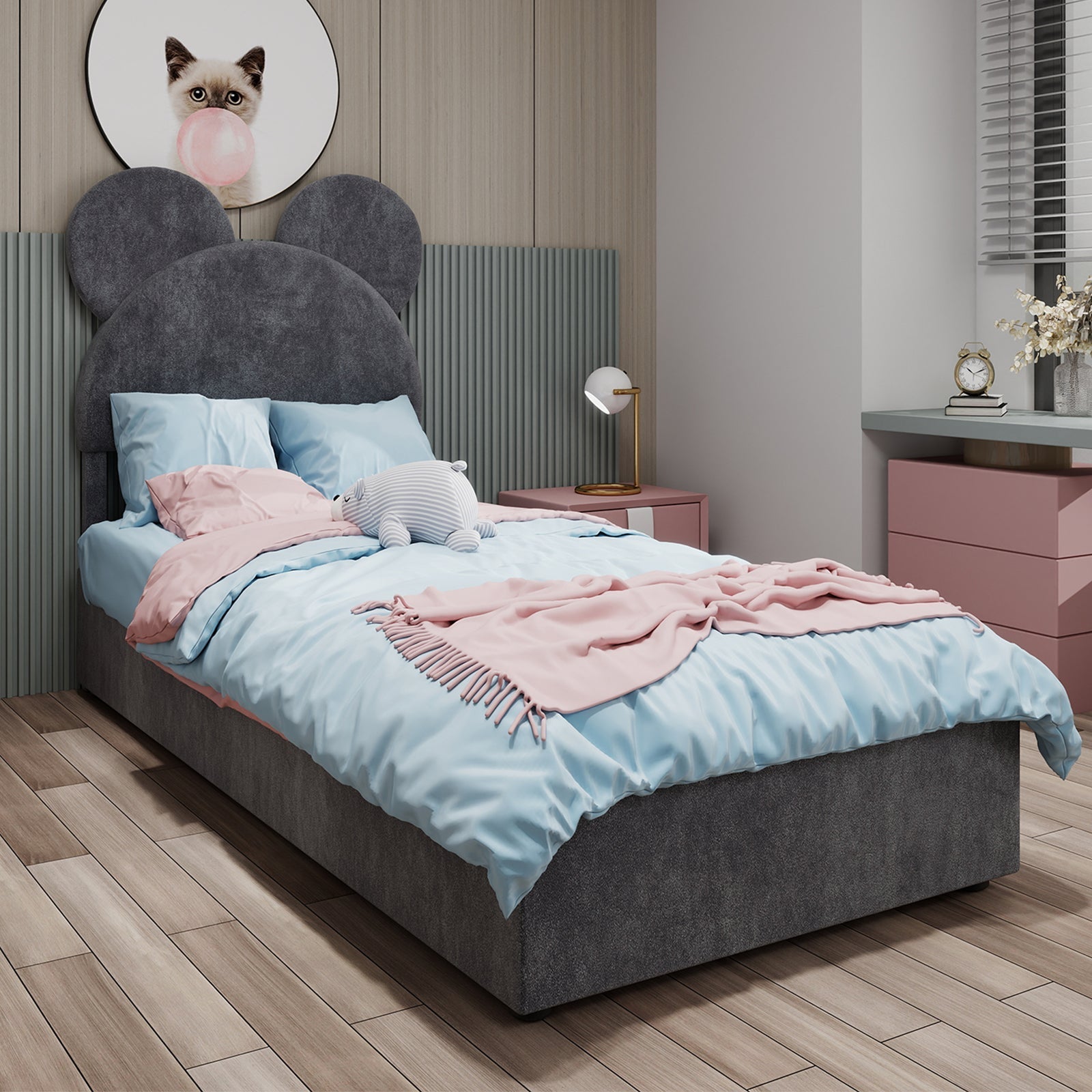 Modern Minimalist Upholstered Bed with Cartoon Headboard, 140x200 cm, Grey