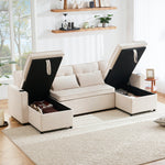 Sofa Bed, U-shaped Sleeper with Cupholder & Storage, Cotton Linen Fabric