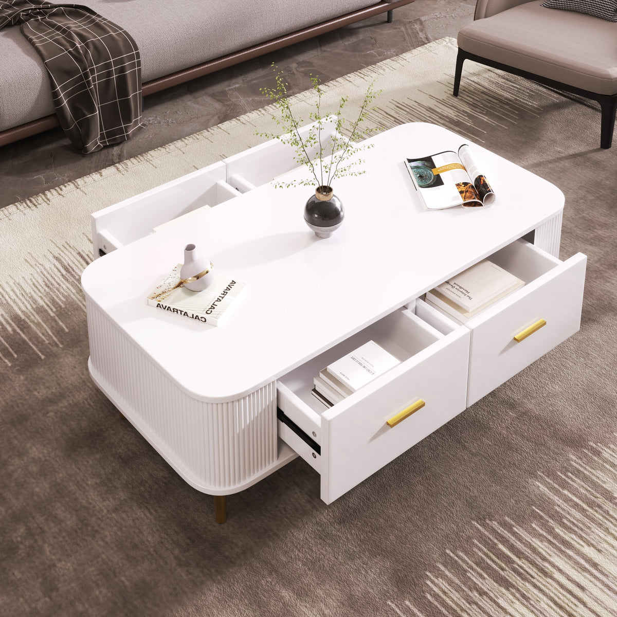 Coffee Table with Drawers, Curved Corners, Wavy Sides, Gold
