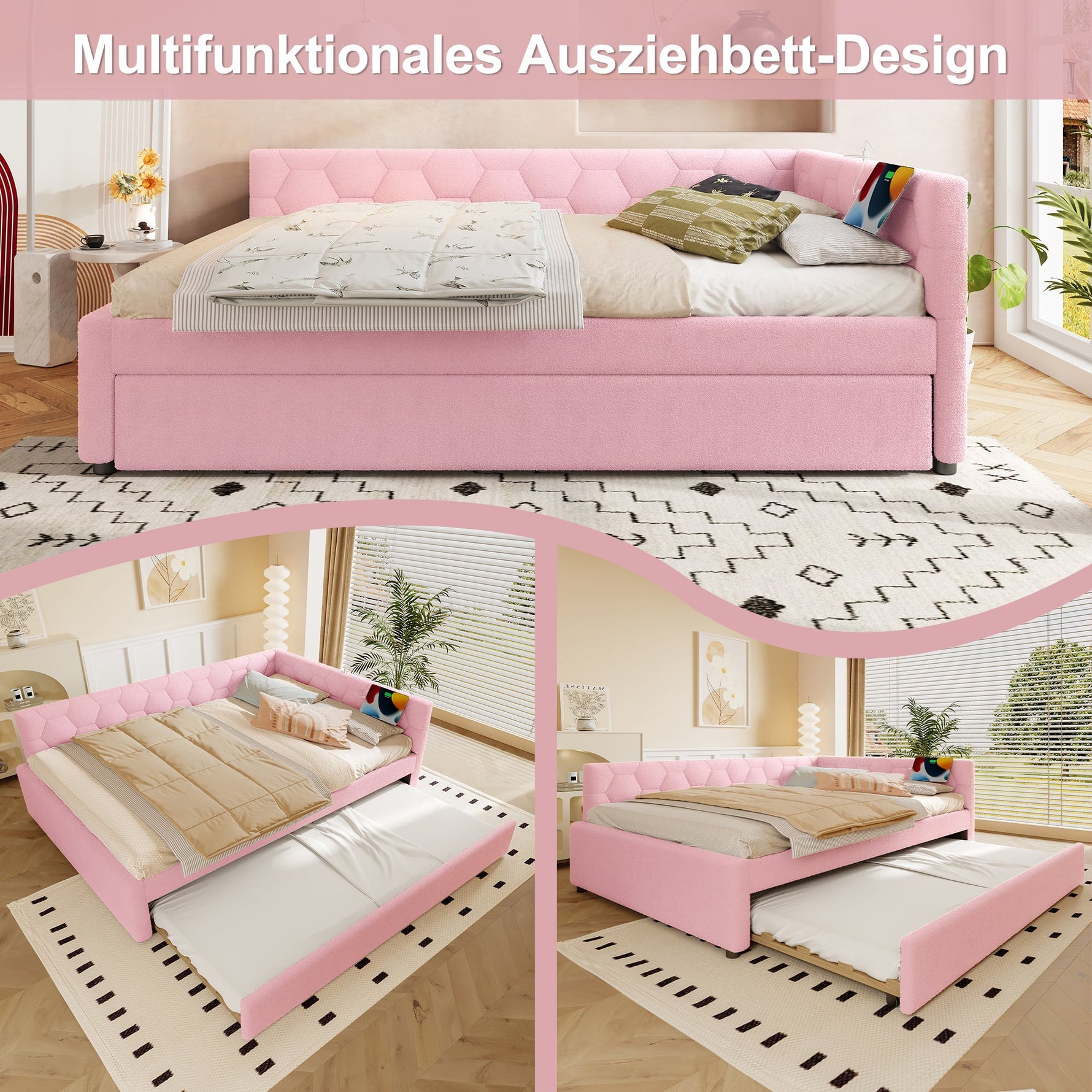 Daybed 140x200cm Sofa Bed Pull-Out Bed Lamp USB/Type-C - Faux Fleece Pink