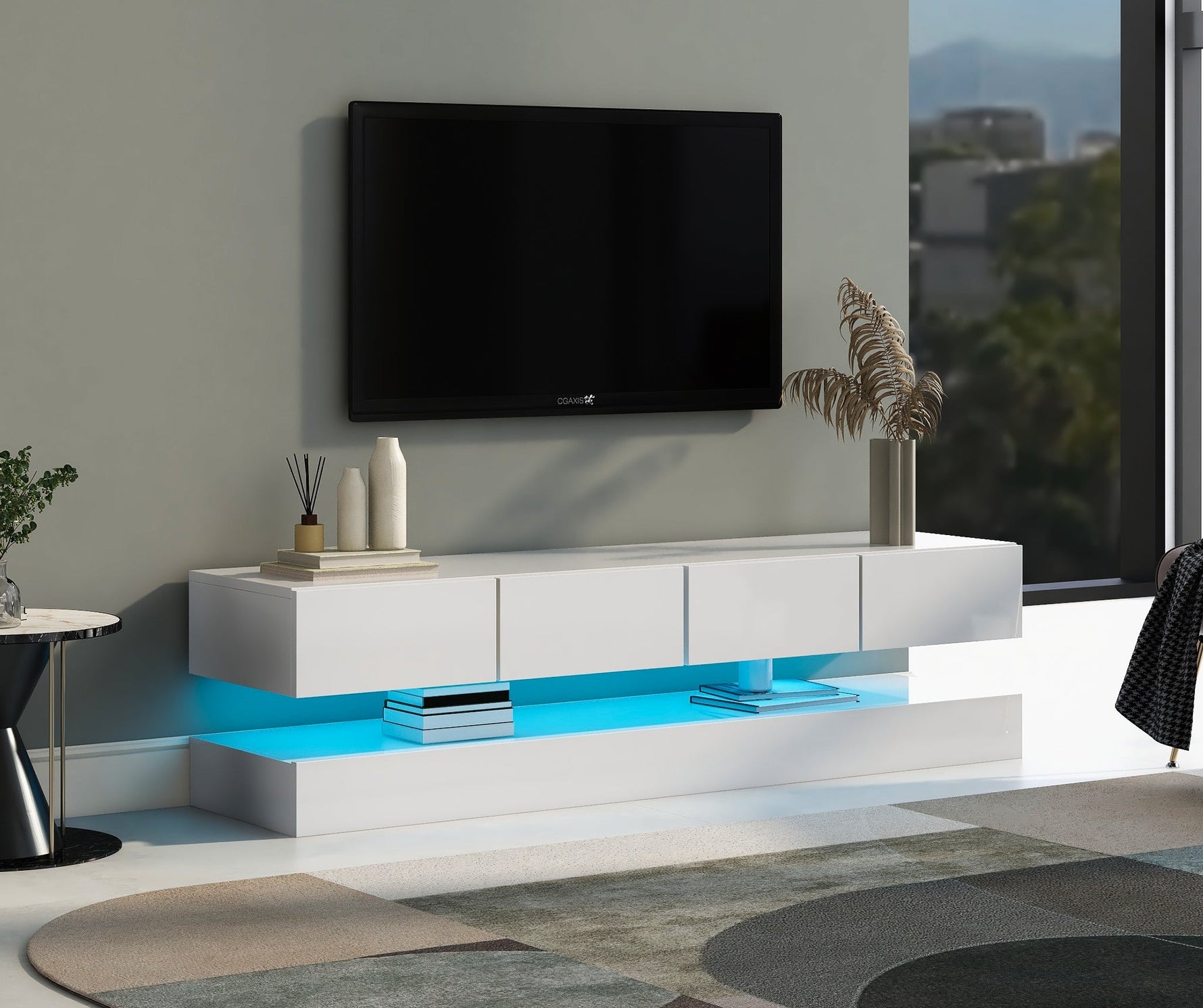LED TV Lowboard with 2 Cabinets, 4 Drawers & 16-Color LED Lighting for up to 55-Inch TVs, White
