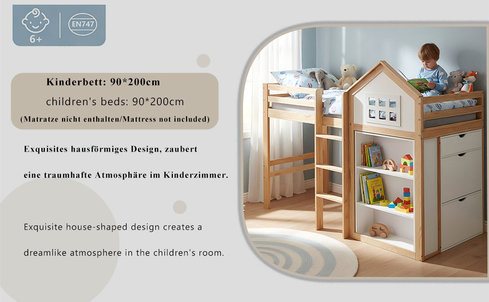 Loft Bed with Storage Compartments, Drawers, Steps and Safety Railing, 90x200cm, White and Natural Pine + MDF + Plywood
