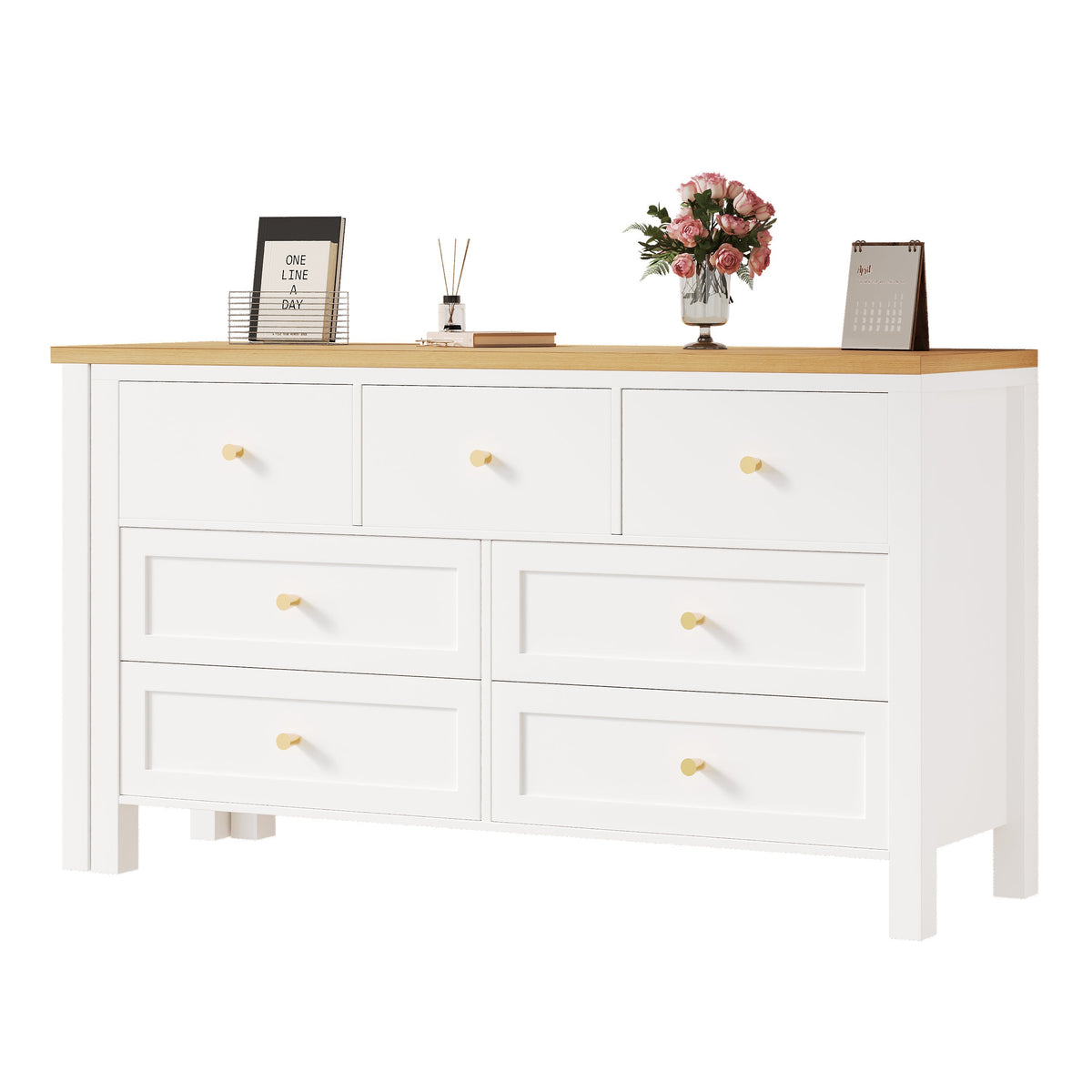 Desk, 7-Drawer 2-in-1 Rotating Workbench Sideboard, White/Natural Oak Look