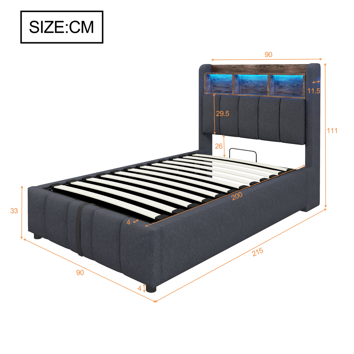 Upholstered Bed 90x200cm with LED & Storage, Linen Grey