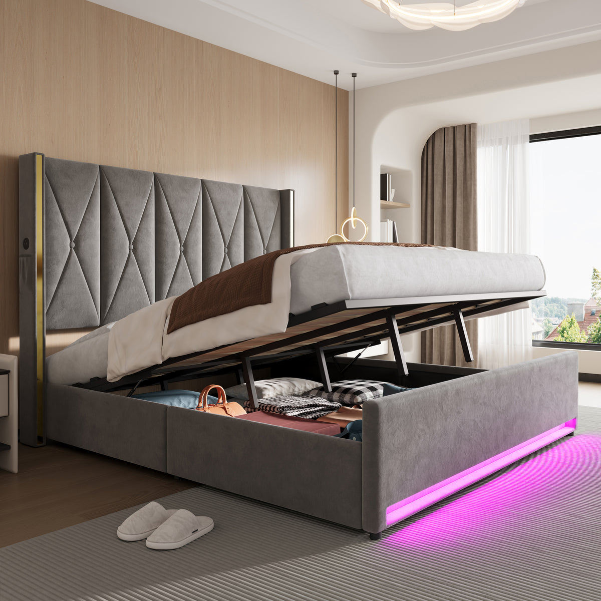 Padded Storage Bed 180x200cm with LED & USB, Velour