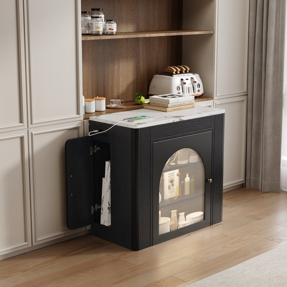 Kitchen Island, Extendable Mobile Serving Cart with Wheels, Black
