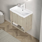 Wall-mounted Bathroom Vanity Unit with Ceramic Sink and Open Shelf, 55cm, Oak Cream