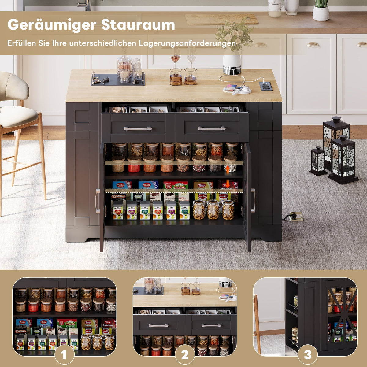 Portable Kitchen Island with Folding Dining Table, AC and USB Ports and Glass Door, Wood Effect