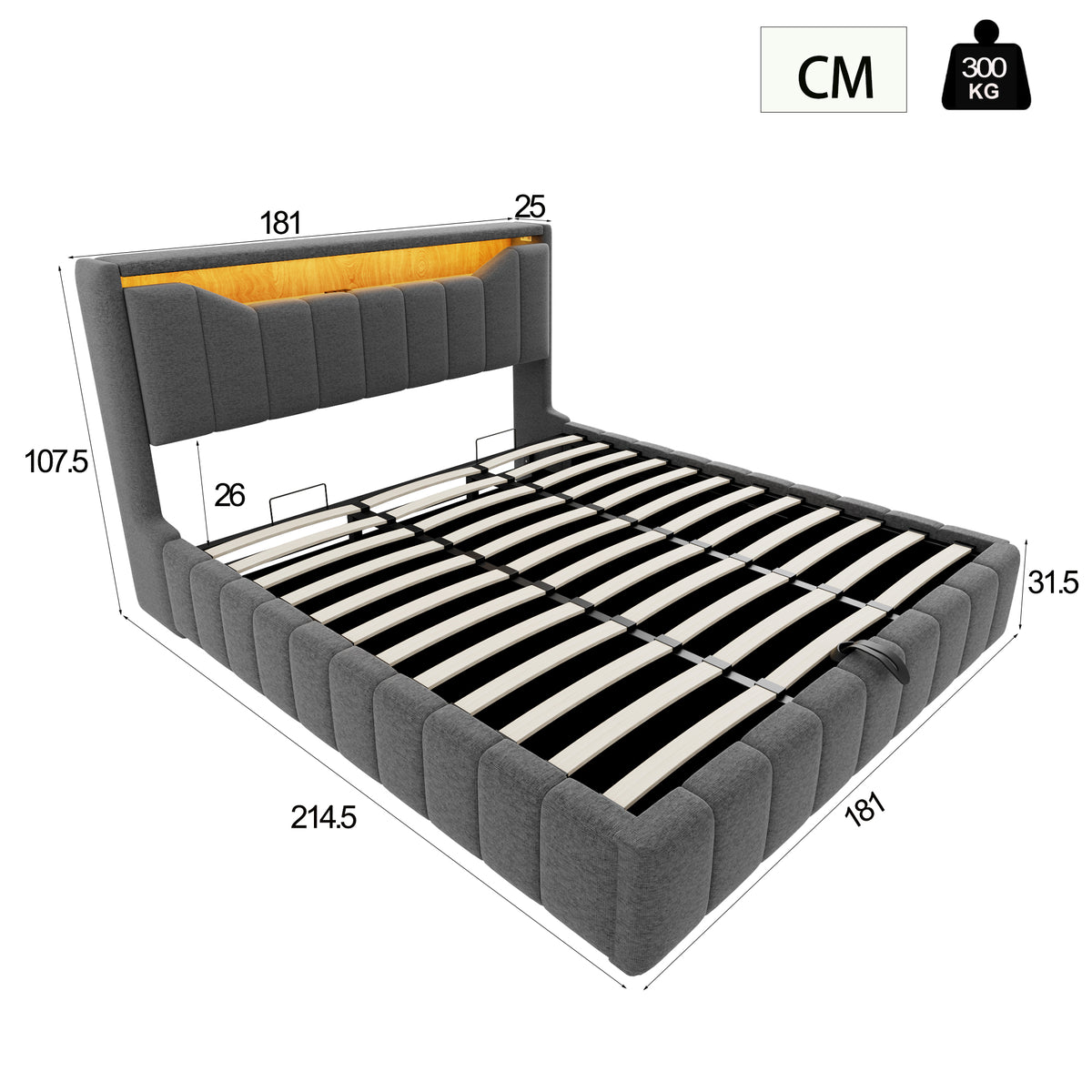 Upholstered Bed 180x200 with Storage & LED Light, Grey Linen