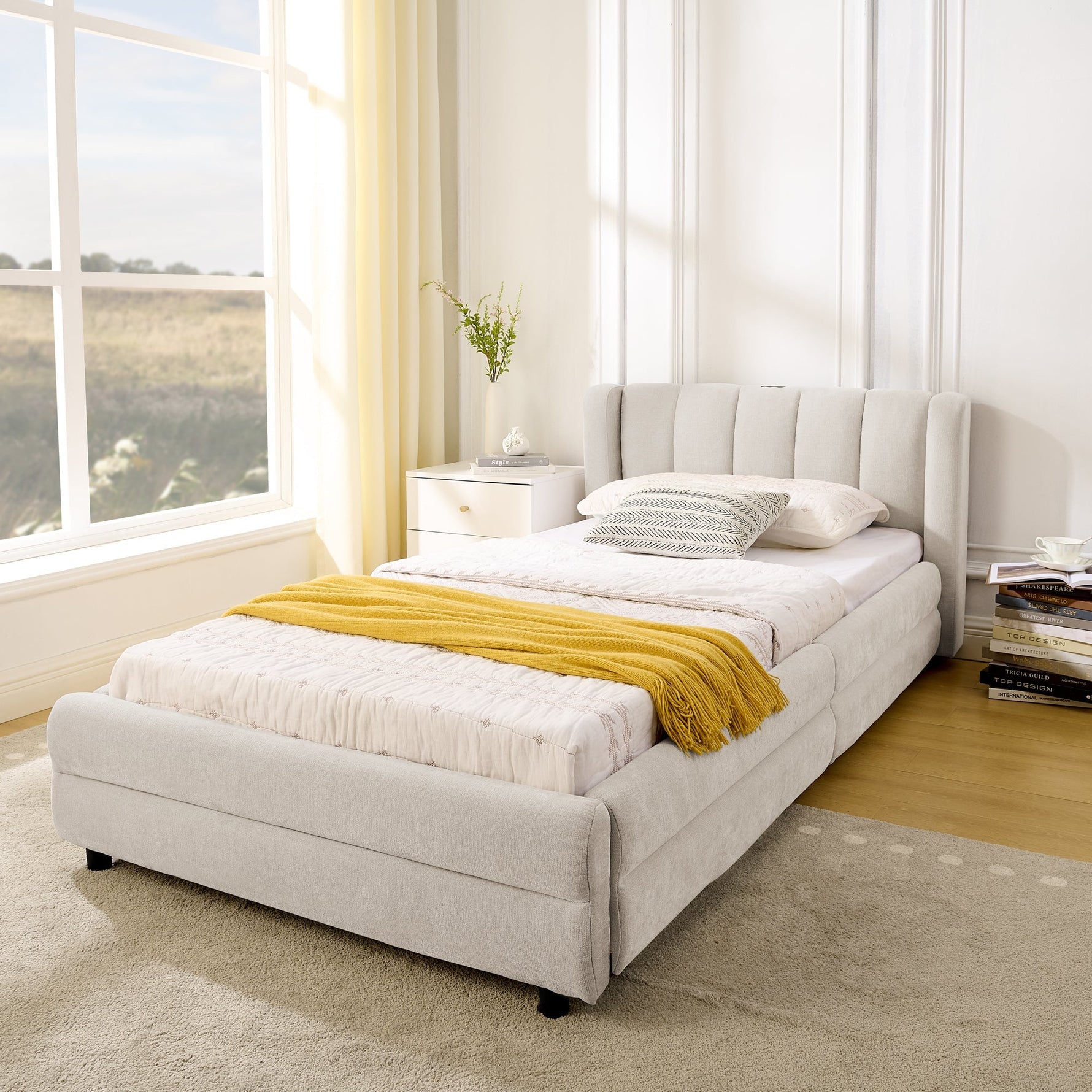 Single Bed 90x200 cm with Side Storage and USB Charging Port, Beige Chenille Fabric