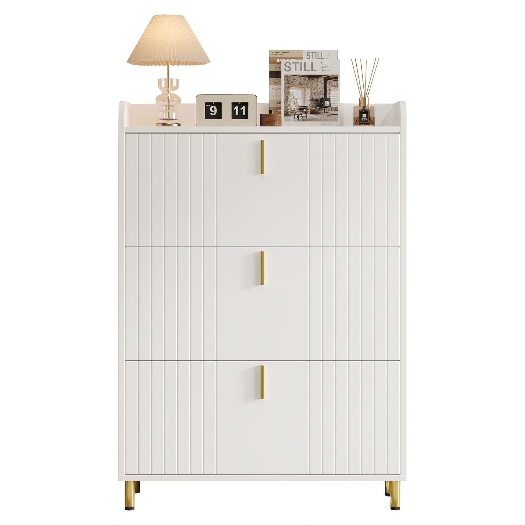 Shoe Cabinet with 3 Doors, Narrow 6 Compartment Adjustable - White