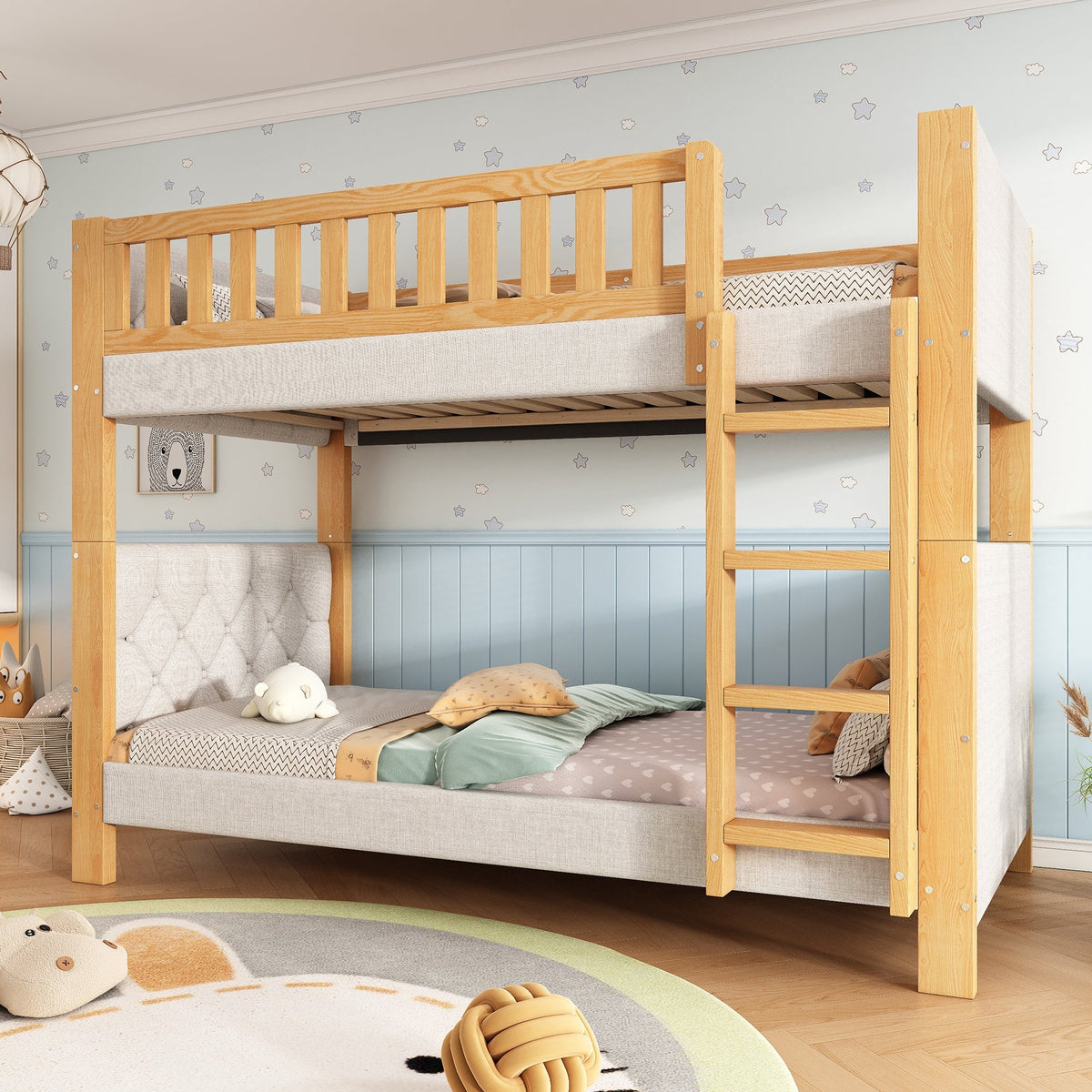 Bunk Bed with Anti-Collision Sponge Edge and Straight Staircase, 90x200cm, Grey and Natural Rubberwood + MDF