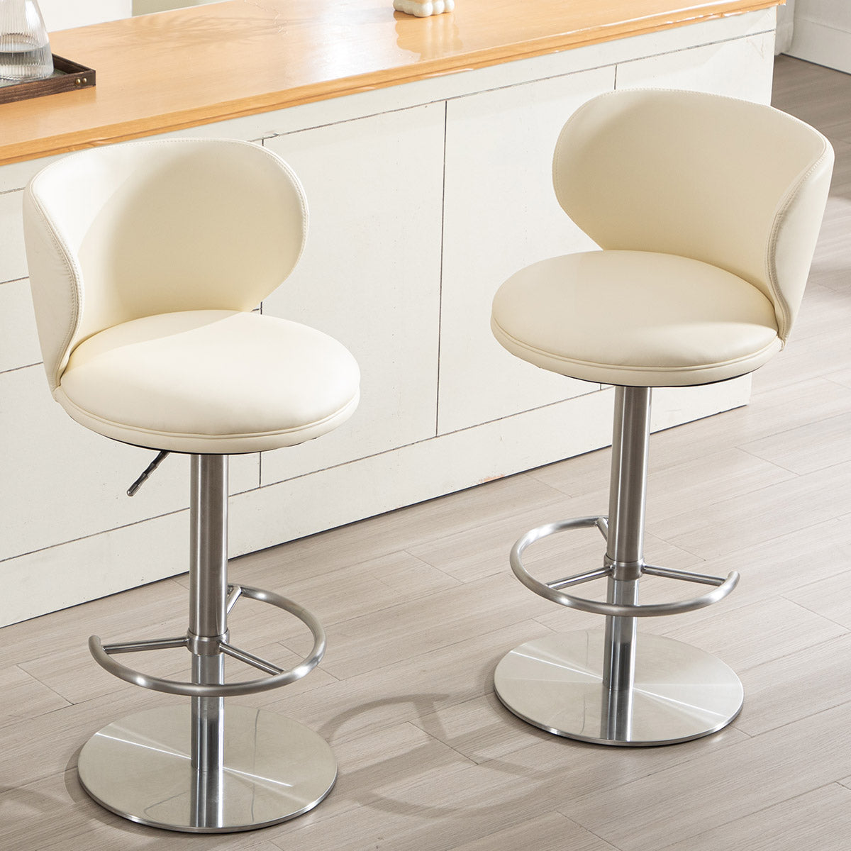 Bar Stools Swivel Adjustable Height Backrest Black Leather and Steel