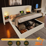 Upholstered Bed, 160x200, Storage, Lamp, USB-C, Beige-White Corduroy
