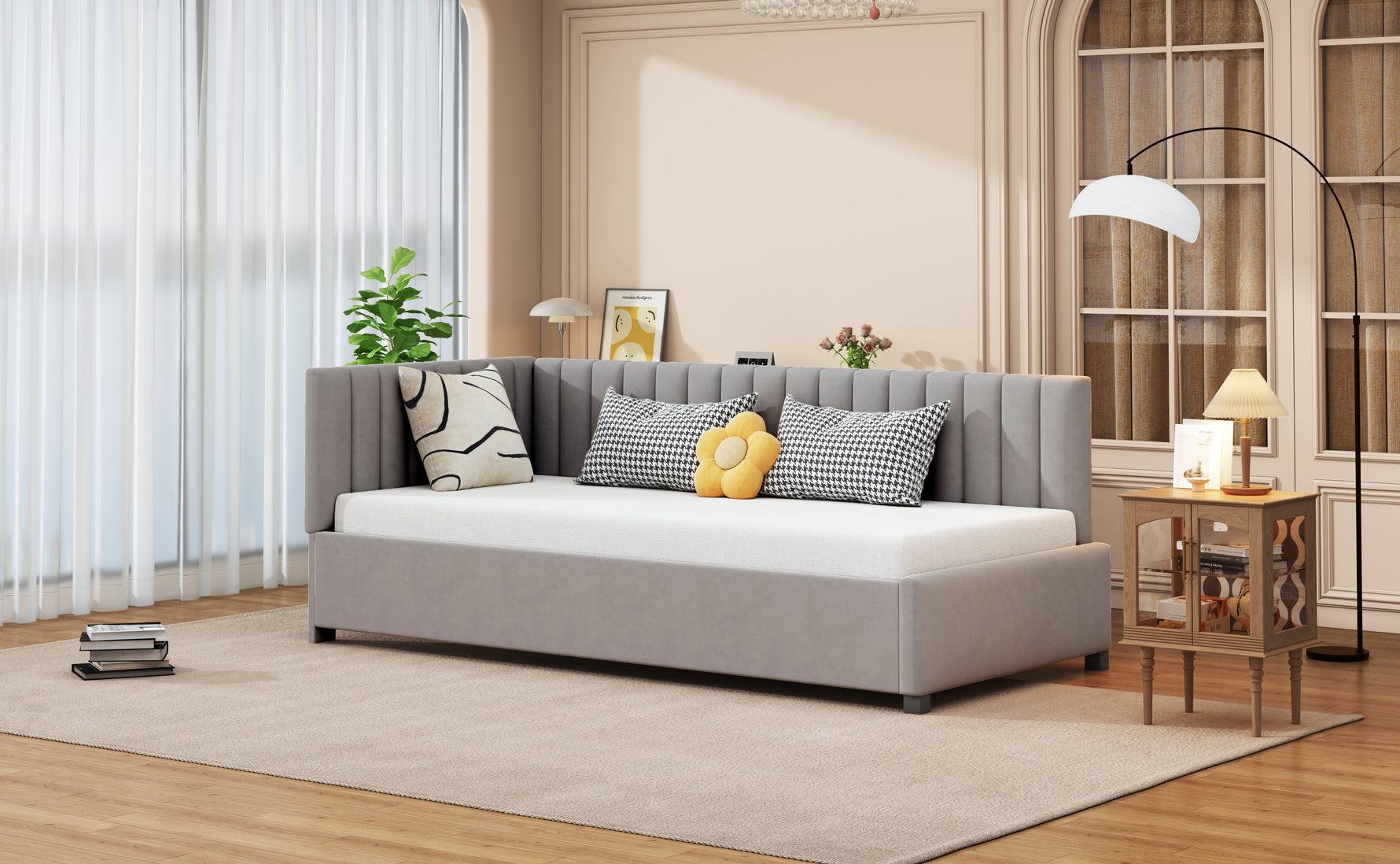 Upholstered Bed Sofa, 90x200 Multifunctional with Slatted Frame, Skin-Friendly Velvet Fabric Gray
