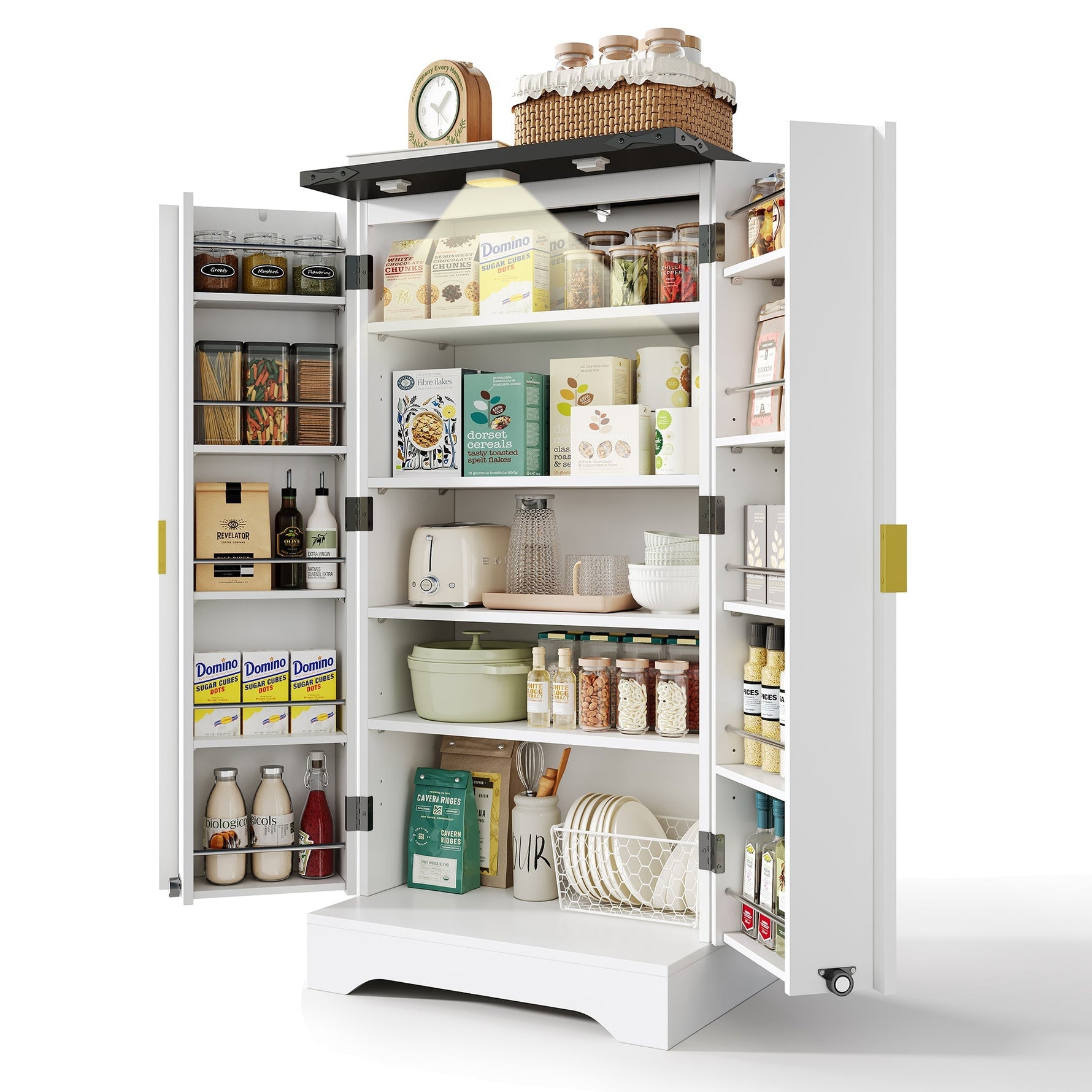 Kitchen Cabinet with LED Light, Spice Rack, Adjustable Shelves, Double Doors - White