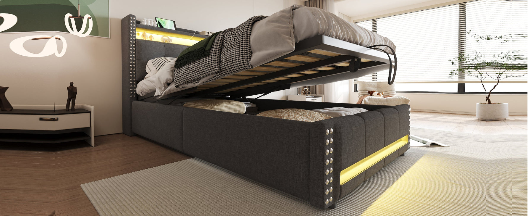 Upholstered Children's Bed 90x200cm, LED & USB, Storage Headboard, Grey Linen