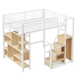Multifunctional Loft Bed 140x200cm Storage Shelves Stairs Adults/Kids Metal White