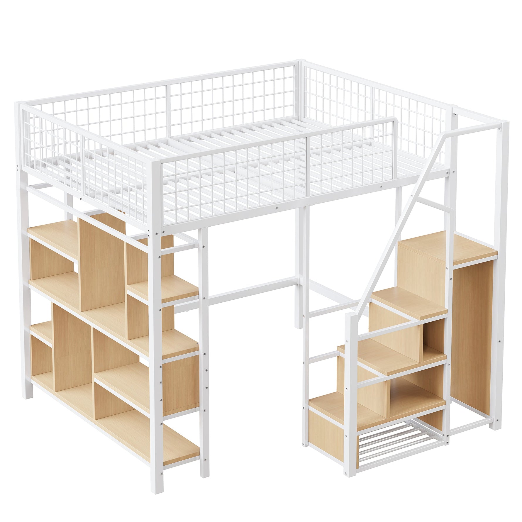 Multifunctional Loft Bed 140x200cm Storage Shelves Stairs Adults/Kids Metal White