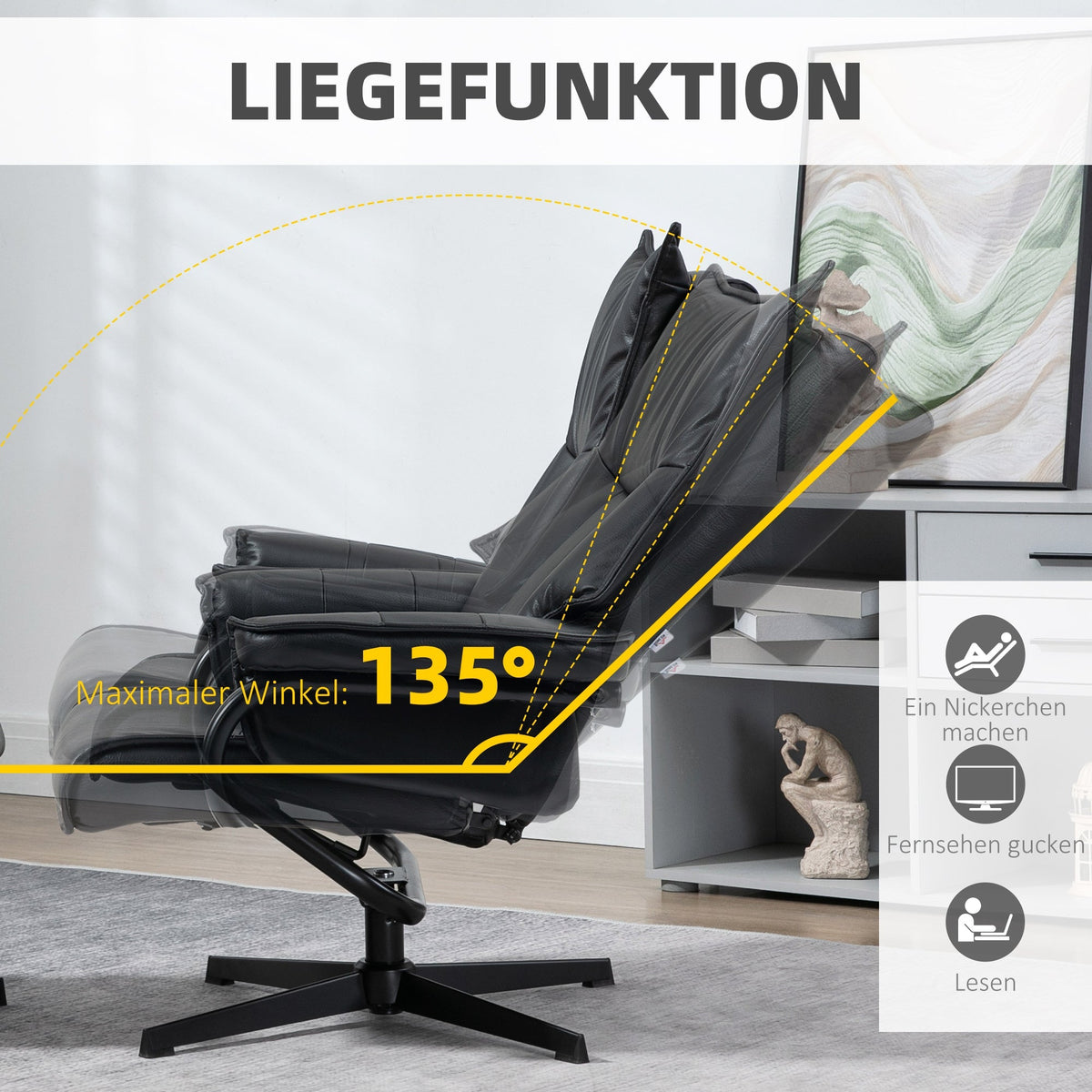 Armchair Swivel Reclining TV Chair with Footstool, Tilting Backrest, Faux Leather Black