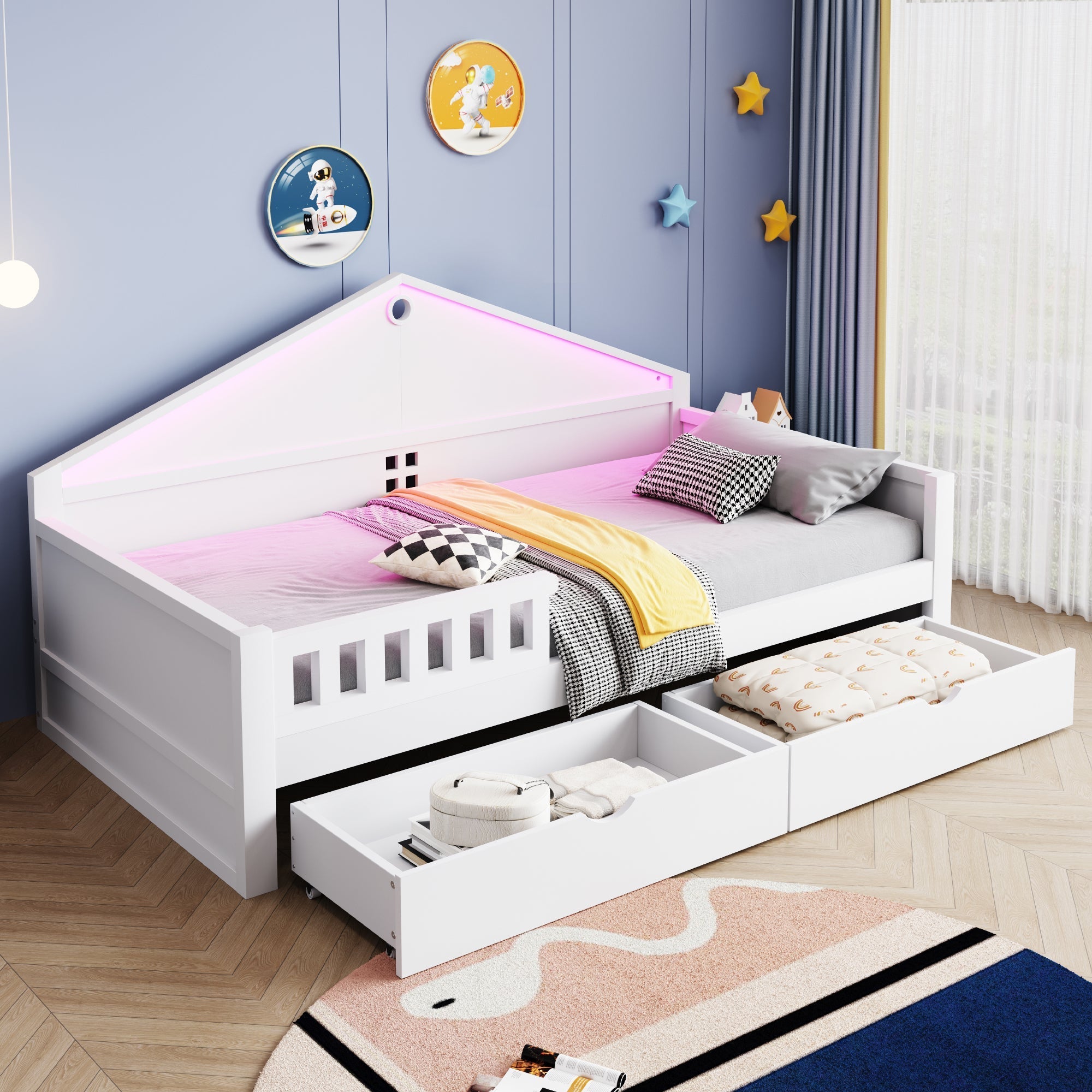 Children's Bed 90x200 cm with LED Light Strip and Storage Drawers, White